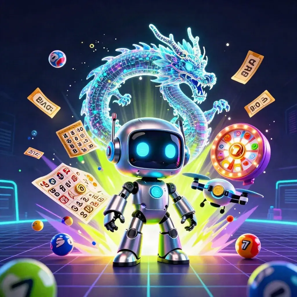 Cyberpunk robot, holographic dragon, and coin drone amid casino symbols and neon light.