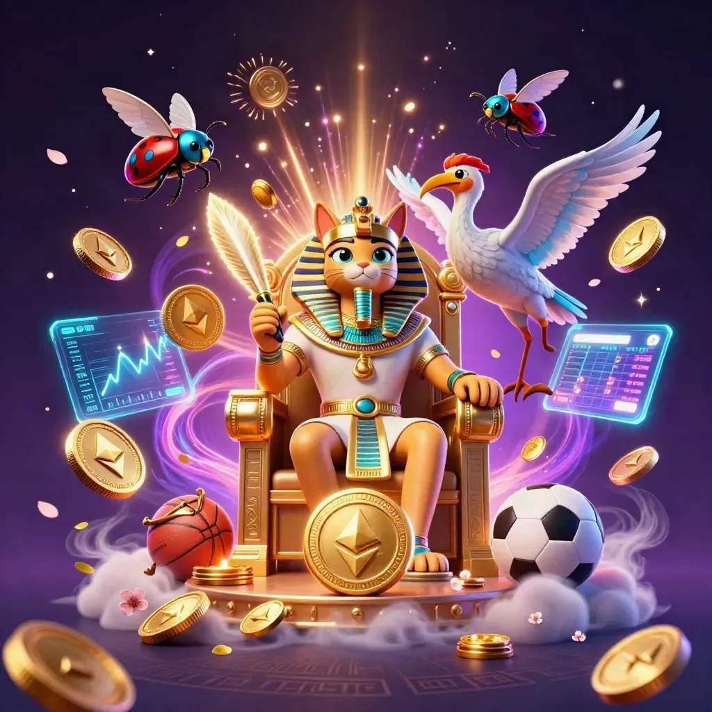 Pharaoh cat, ibis scribe and gem-winged scarabs amid casino coins, fireworks and neon game effects