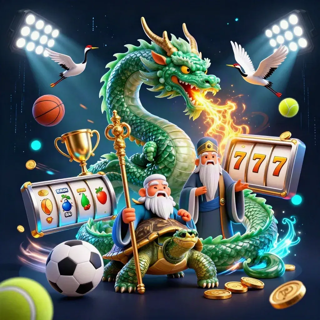 Jade dragon, turtle sage, and ribboned cranes amid casino balls, coins, and slot symbols in neon light.