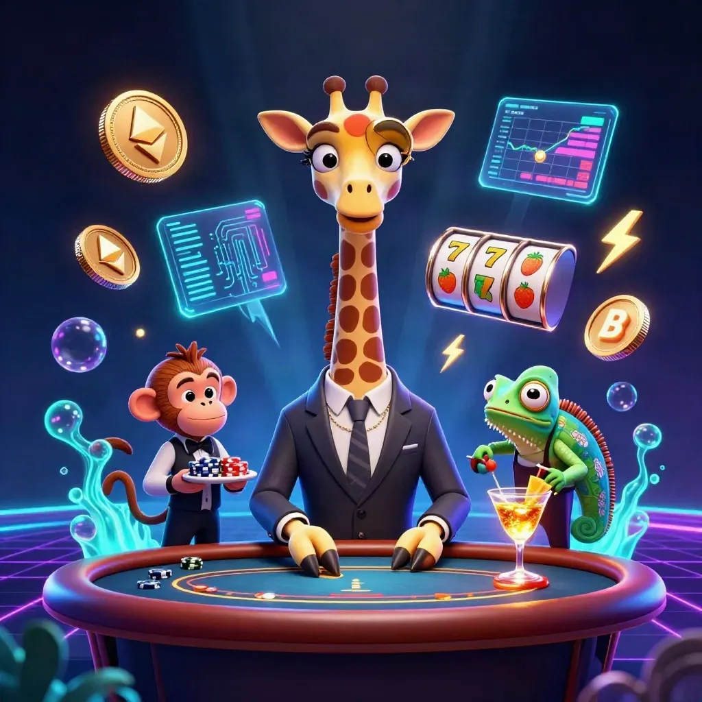 Giraffe high-roller, monkey valet, and chameleon bartender amid neon casino tech and coins.