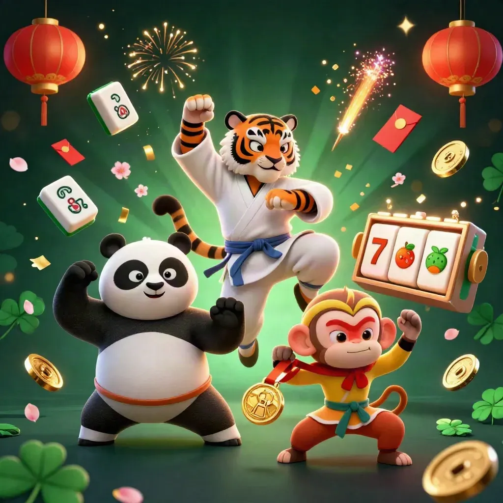 Tiger, panda, and monkey in a casino kung-fu burst with gold coins and lanterns