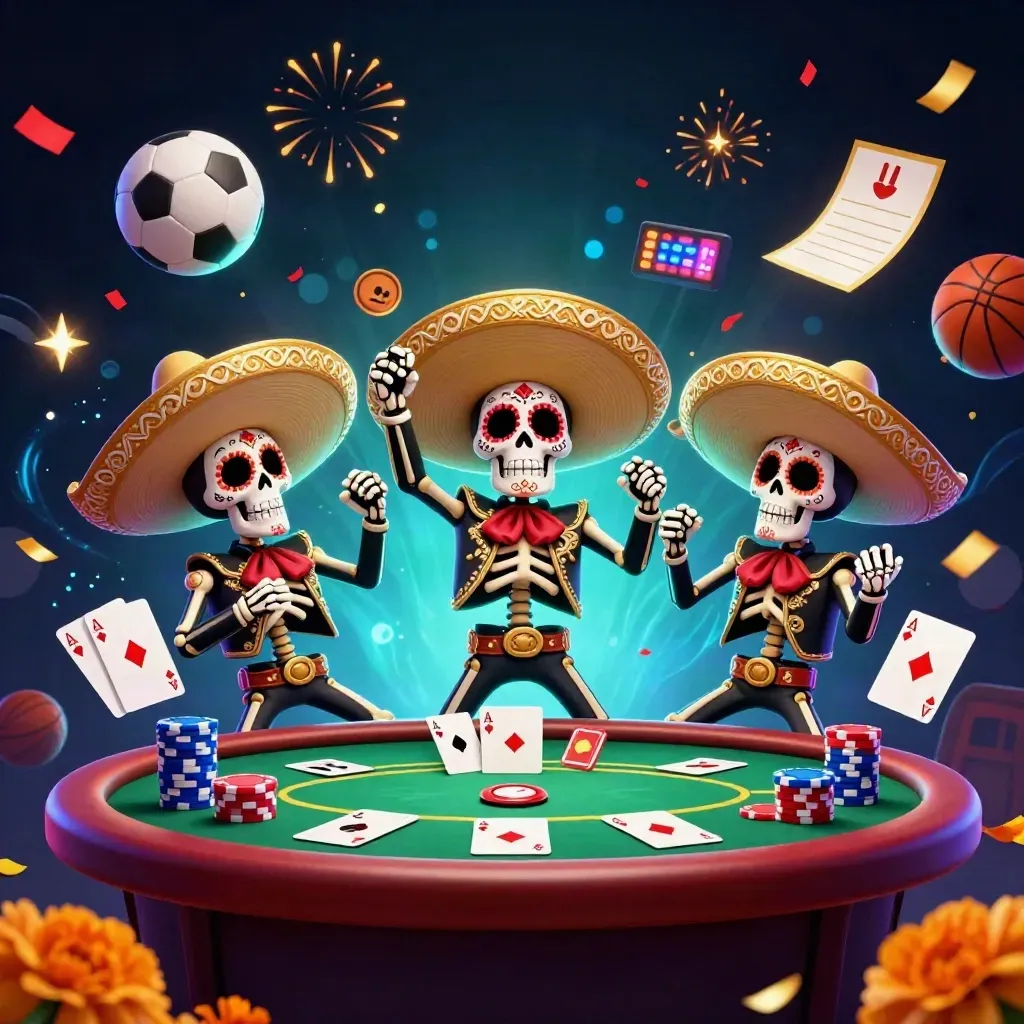 Day-of-the-Dead skeleton mariachi trio amid poker chips, aces, sports bets, and neon casino lights