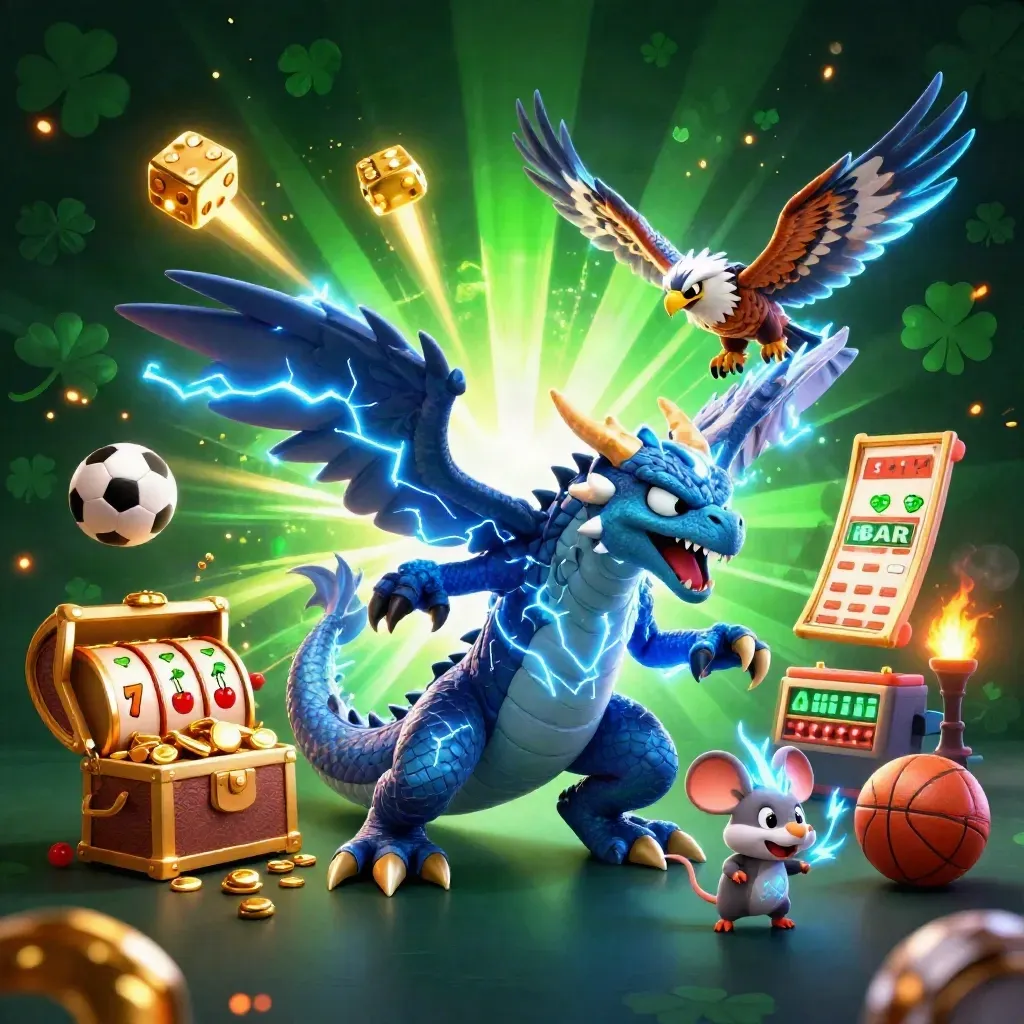 Thunder dragon, wind hawk and static mouse amid slot bursts, gold, sports props and neon glow