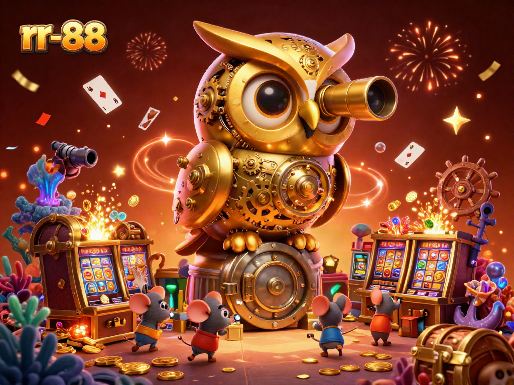 Explore the dynamic excitement of rr-88 with a clockwork owl and mouse patrons in a vibrant casino setting.