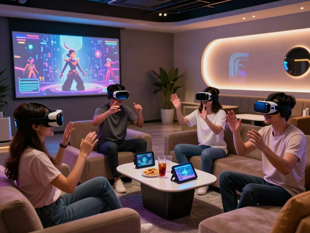 Dynamic AI 18+ virtual reality experience in a modern lounge setting.