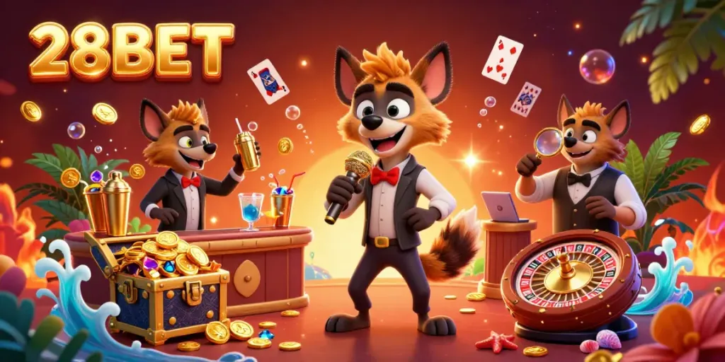 28BET engages players at a comedy casino club with lively hyenas creating standout cocktails and checking IDs.