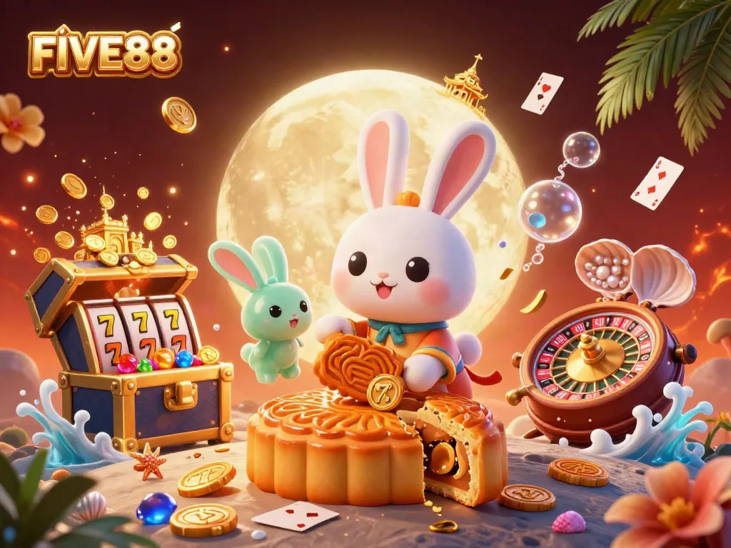 Experience the joy of winning at FIVE88 with a vibrant 3D scene featuring luck symbols and casino elements.