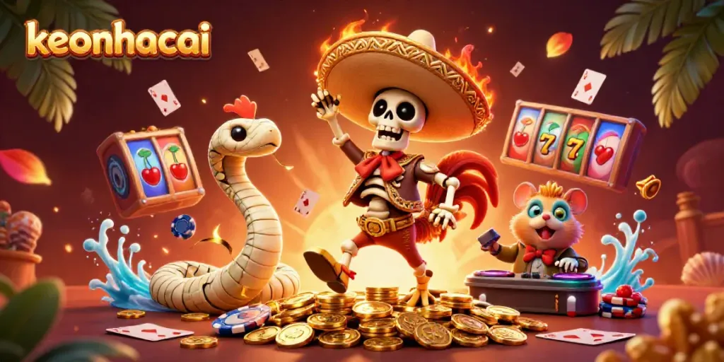 Experience the excitement of winning with keonhacai as a cartoon mariachi rooster celebrates on golden coins, surrounded by casino symbols.