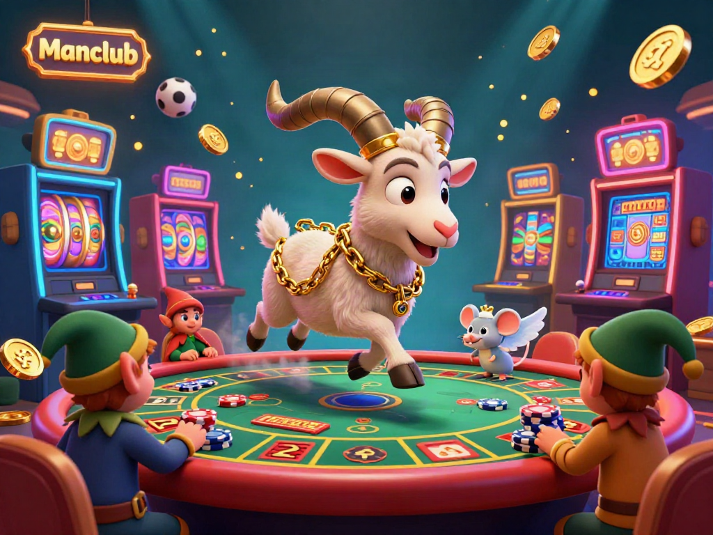 Engage in thrilling gaming at Manclub, with Krampus managing a festive casino, surrounded by gold coins, lively games, and playful gremlins.