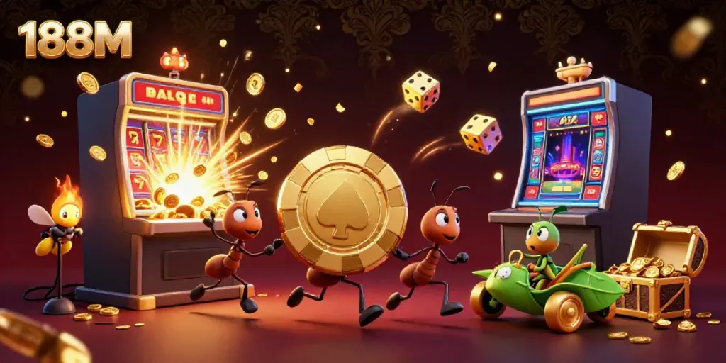 Experience the thrill of Las Vegas with the 188M team's excitement in this vibrant casino heist illustration.