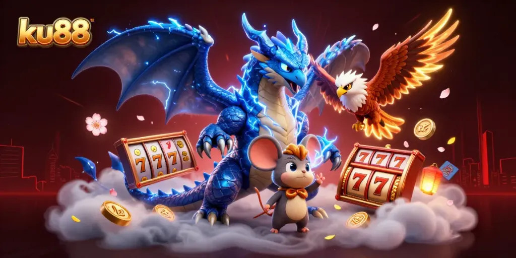 ku88 players engaging with an electrifying slot game scene featuring dragons and hawks
