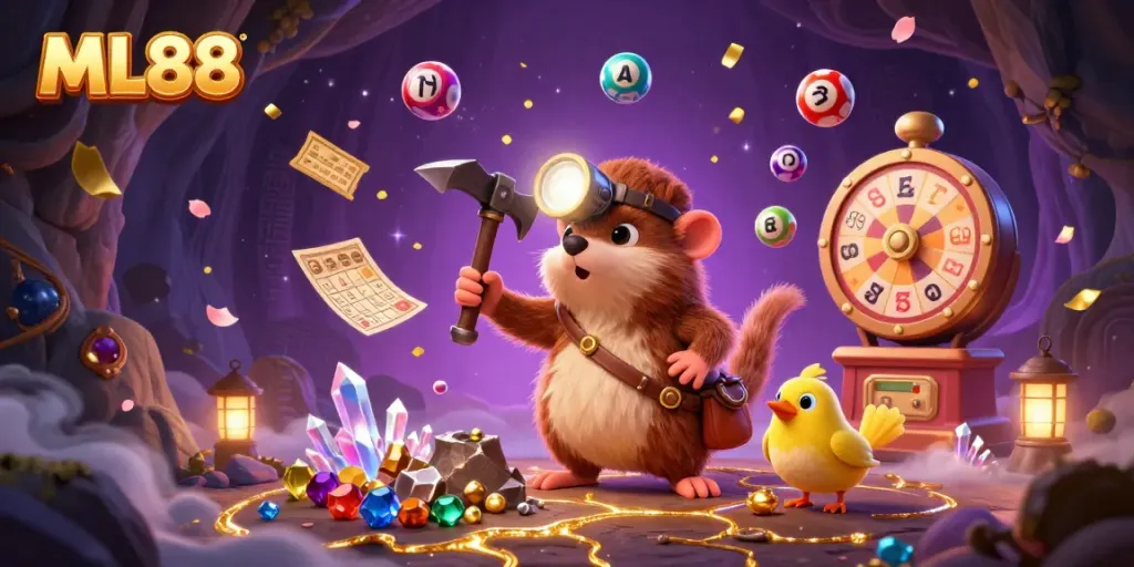 Experience excitement with ML88 as a treasure hunter mole finds gems amidst vibrant gambling elements.