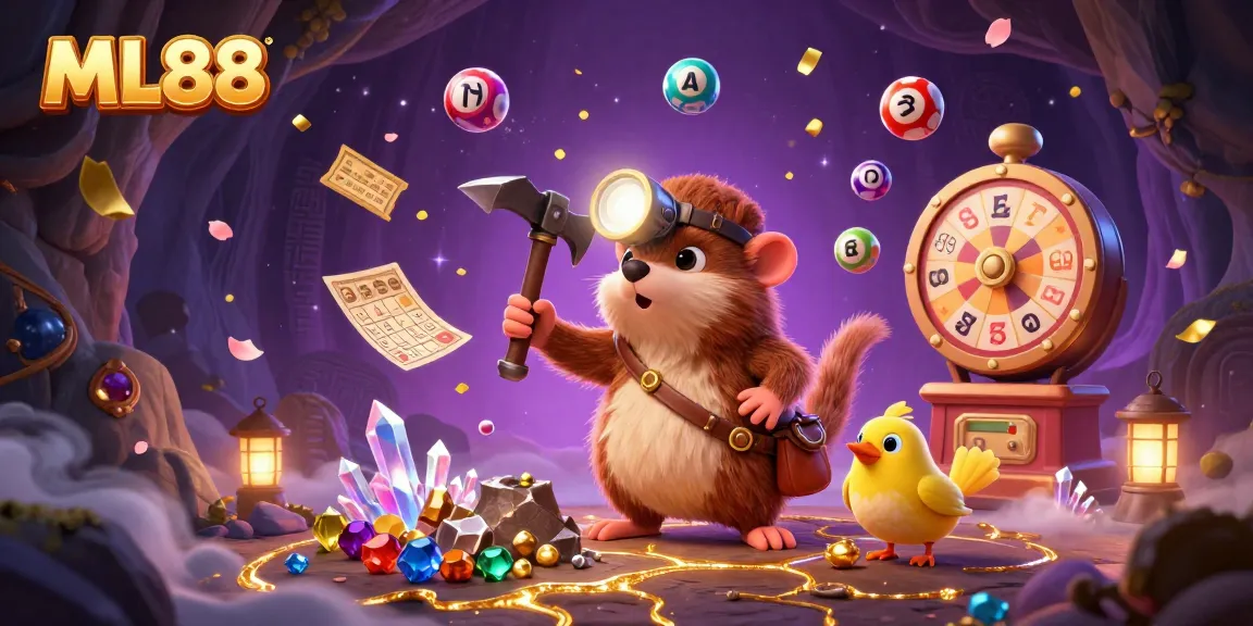Experience excitement with ML88 as a treasure hunter mole finds gems amidst vibrant gambling elements.