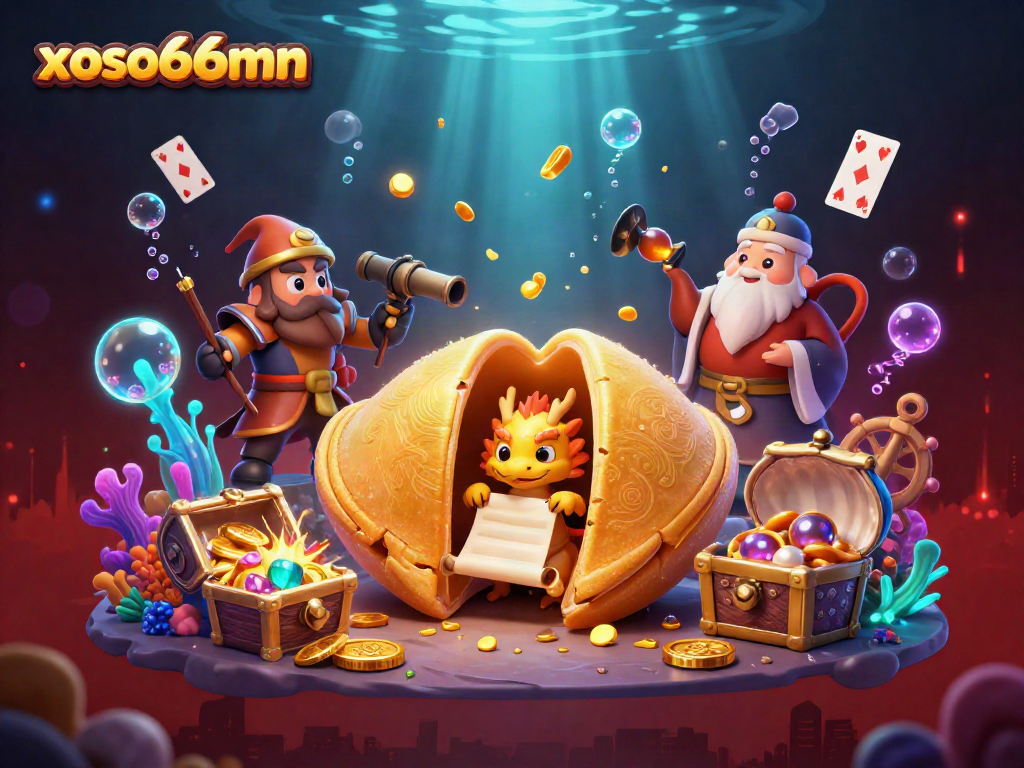 Experience the magic of xoso66mn with a giant fortune cookie and a wise dragon, surrounded by treasure elements.