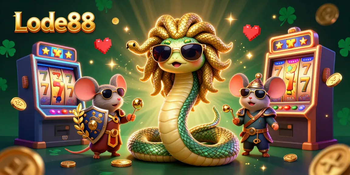 Join the excitement at Lode88 with a lively 3D scene featuring Medusa and a warrior mouse amidst colorful slot machines.