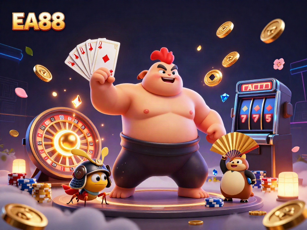 Experience the excitement at EA88 with stunning visuals of a sumo rooster, samurai cricket, and tanuki announcer.