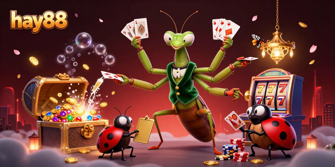 Engage with hay88’s vibrant casino scene illustrating a giant praying mantis card sharp and ladybug pit boss.