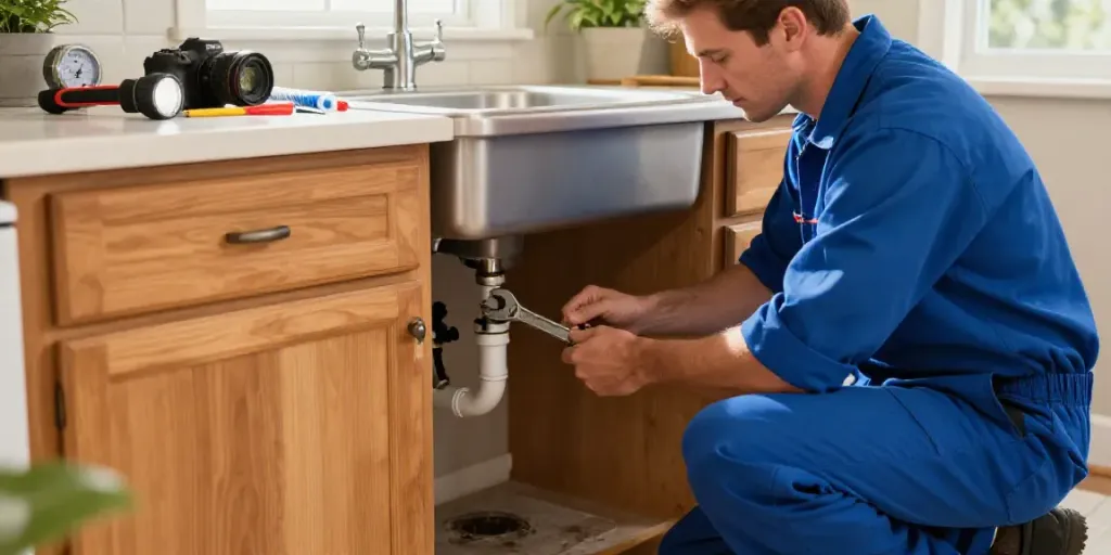 Plumber performing water leak repair Rapid City SD in a residential kitchen, with tools and warm sunlight enhancing the scene.