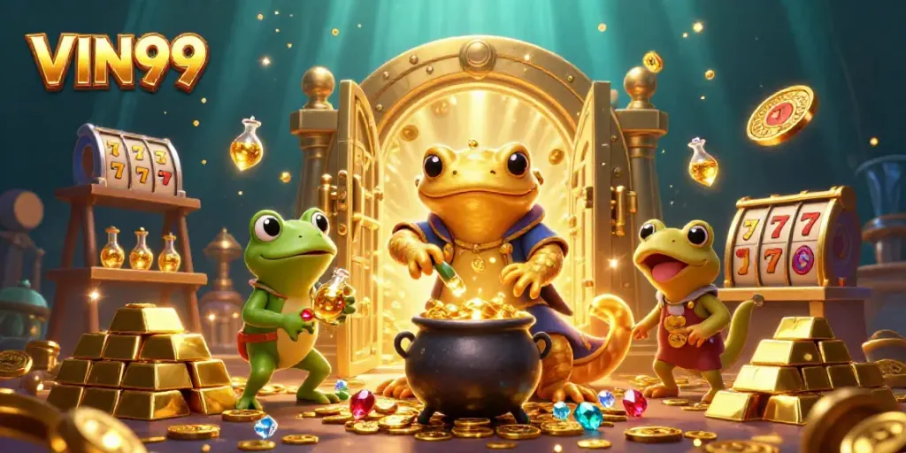 Experience thrilling gaming at VIN99 with a vibrant scene of jackpot elements and playful characters.