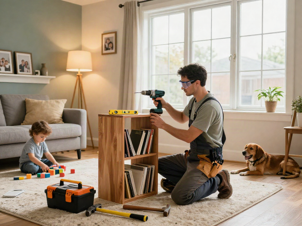 Home repair services Des Moines Iowa professional contractor fixing a bookshelf in a cozy living room, surrounded by tools and family atmosphere.
