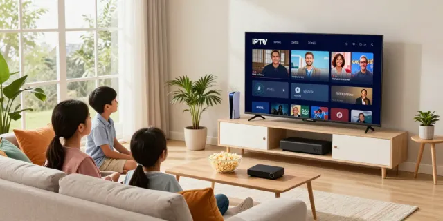 Family enjoying IPTV USA streaming in a cozy living room.