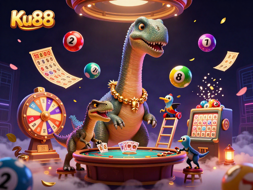 Engage with exciting Ku88 casino experiences featuring a playful brontosaurus and raptor dealer.