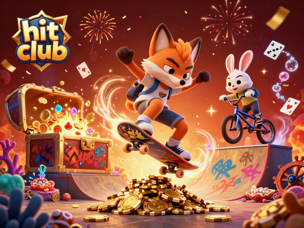 Engaging hit club illustration showing a 3D fox and rabbit performing gambling tricks with vibrant casino elements.
