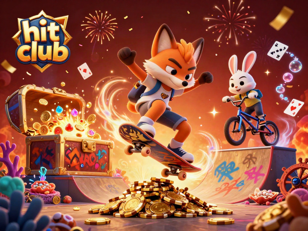 Engaging hit club illustration showing a 3D fox and rabbit performing gambling tricks with vibrant casino elements.