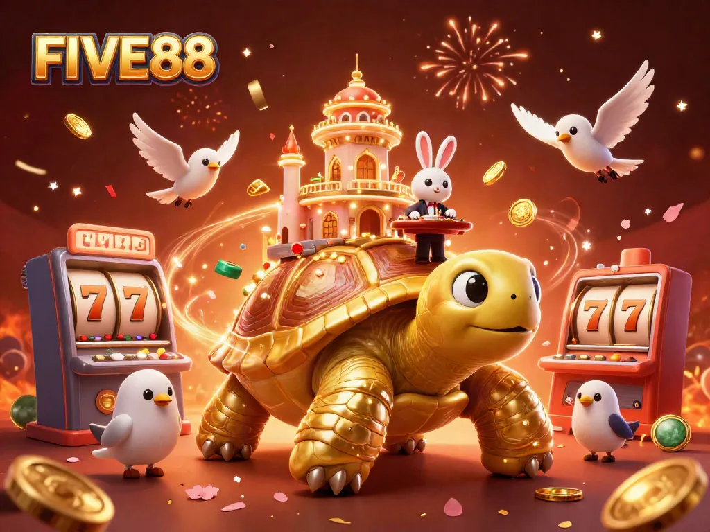 Experience the thrill of FIVE88 with a vibrant casino scene featuring a rabbit dealer and golden tortoise.