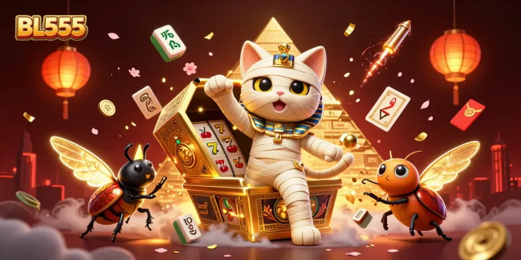 Engage with BL555's vibrant casino scene featuring an Egyptian mummy cat and a scarab beetle, showcasing thrilling jackpot excitement.