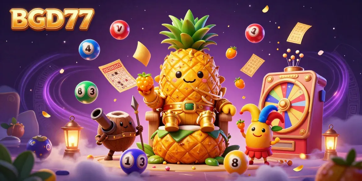 Engage with BGD77, a vibrant 3D casino scene featuring a golden pineapple king and dynamic gaming elements.