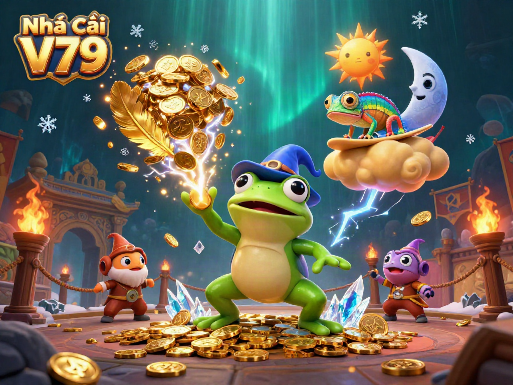 Experience the vibrant world of Nhà cái V79 with a magical storm of golden coins and whimsical characters.