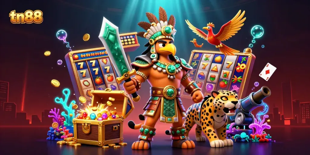 Engage with tn88 promotional artwork featuring an Aztec warrior alongside casino elements.