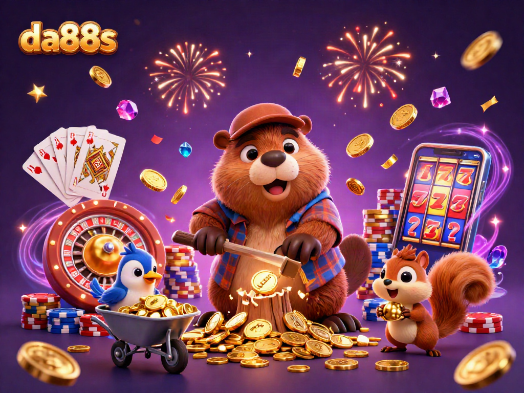 Experience excitement at da88s with playful characters celebrating casino wins and dynamic gaming elements.