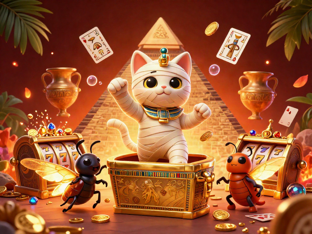 Experience the thrill of fun88 in a vibrant casino scene with a mummy cat and glowing treasures.