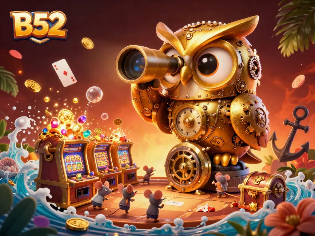 Engage with the B52 casino experience featuring a vibrant golden owl and dynamic gaming elements.