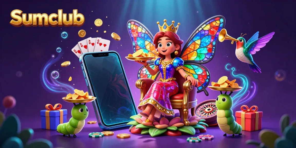 Engage with the vibrant Sumclub casino scene featuring a butterfly queen amidst rich gaming elements.