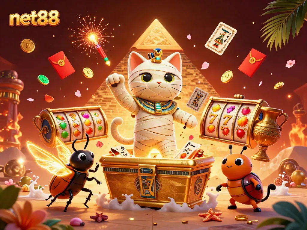 Experience thrilling games at net88 with a vibrant scene depicting a mummy cat in a lively casino.