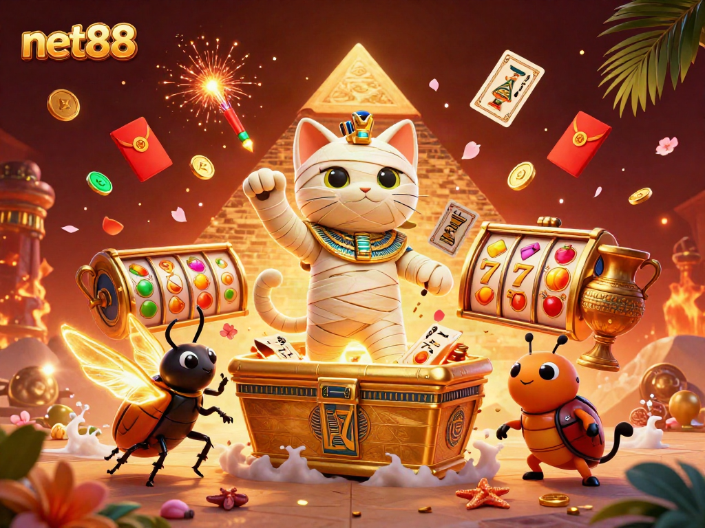 Experience thrilling games at net88 with a vibrant scene depicting a mummy cat in a lively casino.