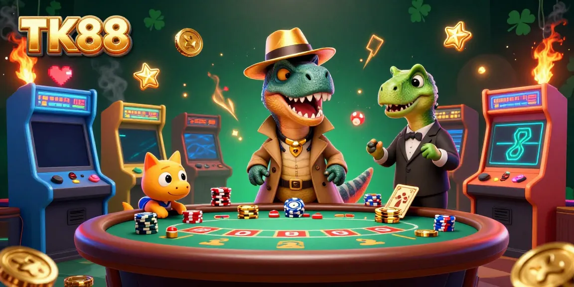 Engage in thrilling blackjack action with TK88's dynamic 3D casino cartoon scene, featuring fun characters and vibrant games.