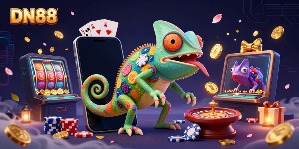 Engage with DN88's vibrant casino universe featuring the chameleon owner amidst dazzling gaming elements.
