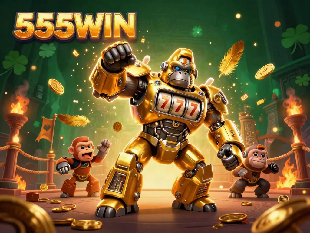 Experience the thrill at 555WIN with our vibrant gambling-themed illustration featuring a golden mech and dynamic elements.