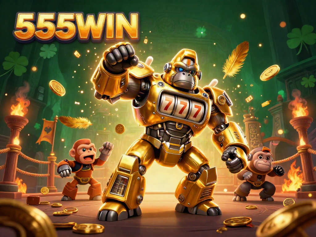 Experience the thrill at 555WIN with our vibrant gambling-themed illustration featuring a golden mech and dynamic elements.