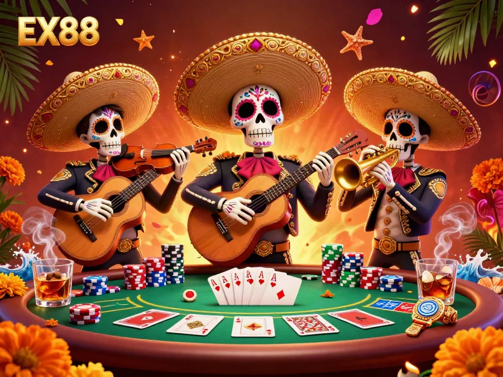 Experience the excitement of poker with EX88 as colorful mariachi skeletons bring casino energy to life.