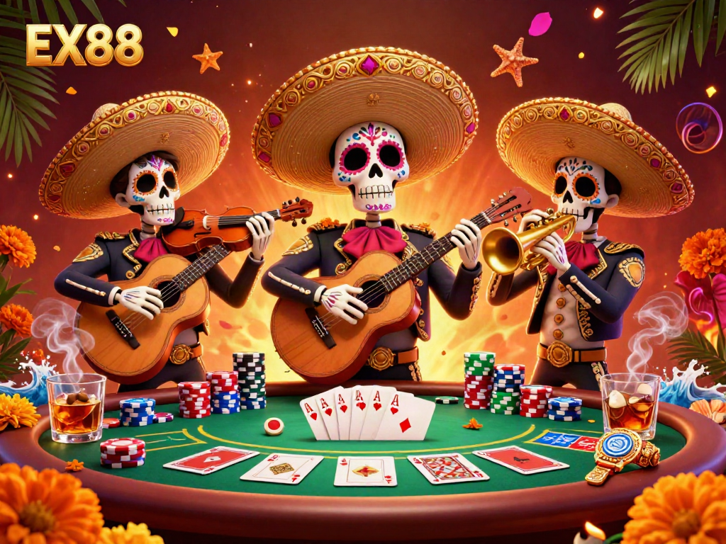 Experience the excitement of poker with EX88 as colorful mariachi skeletons bring casino energy to life.
