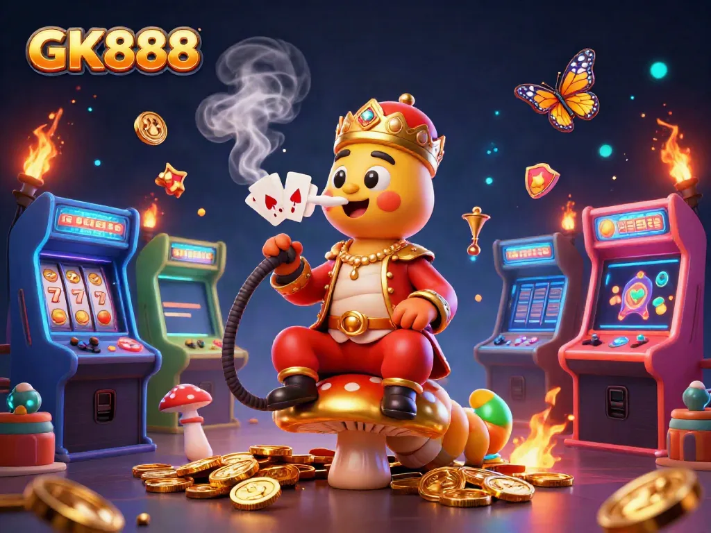 Spin to win with GK888 in a whimsical casino world filled with slot reels and bright game elements.