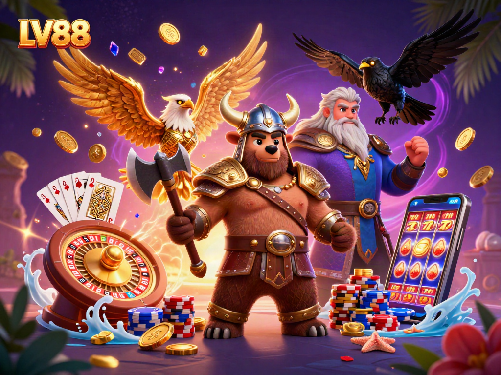 Experience LV88 with vibrant characters and thrilling casino elements in a dynamic illustration.