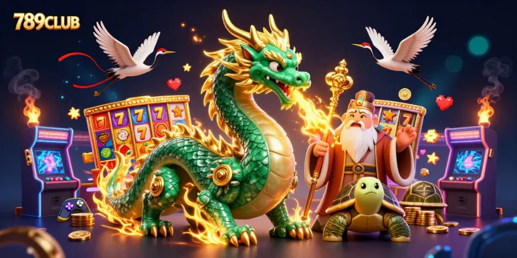 Experience thrilling wins at 789CLUB with vibrant illustrations of games and mythical characters.