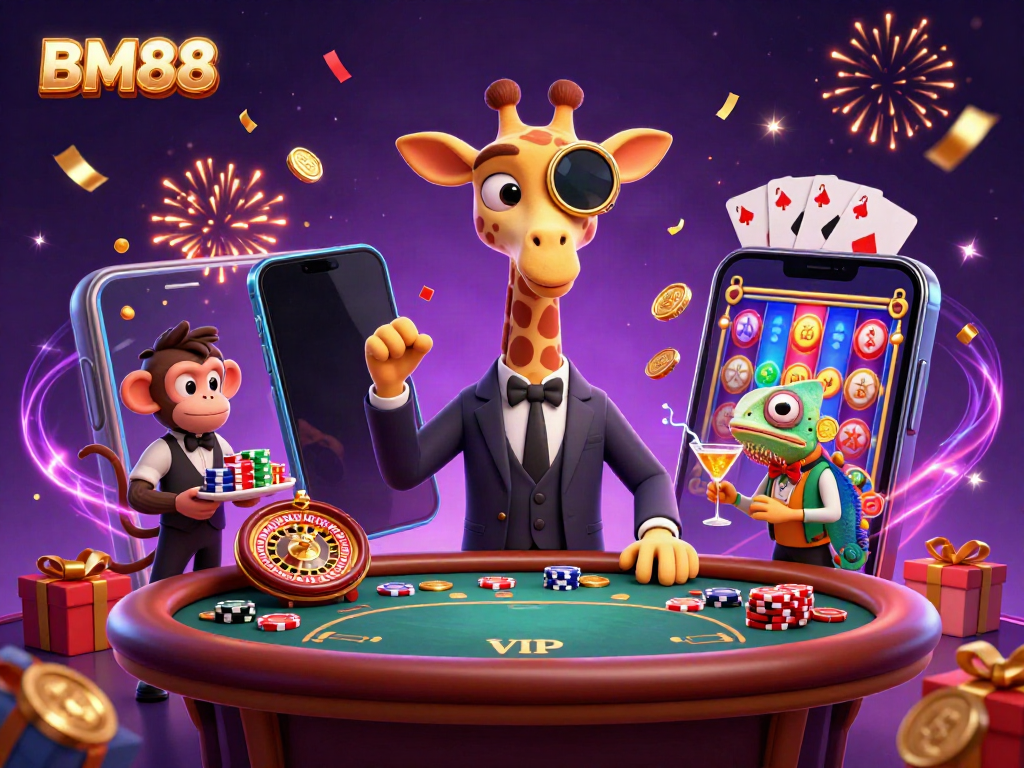 Experience BM88 excitement with a high-roller giraffe and vibrant casino elements in a lively scene.