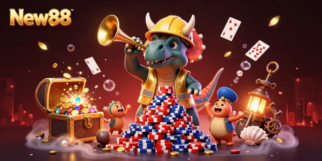 Experience New88's thrilling casino atmosphere with a lively illustration of fun characters celebrating winning games.